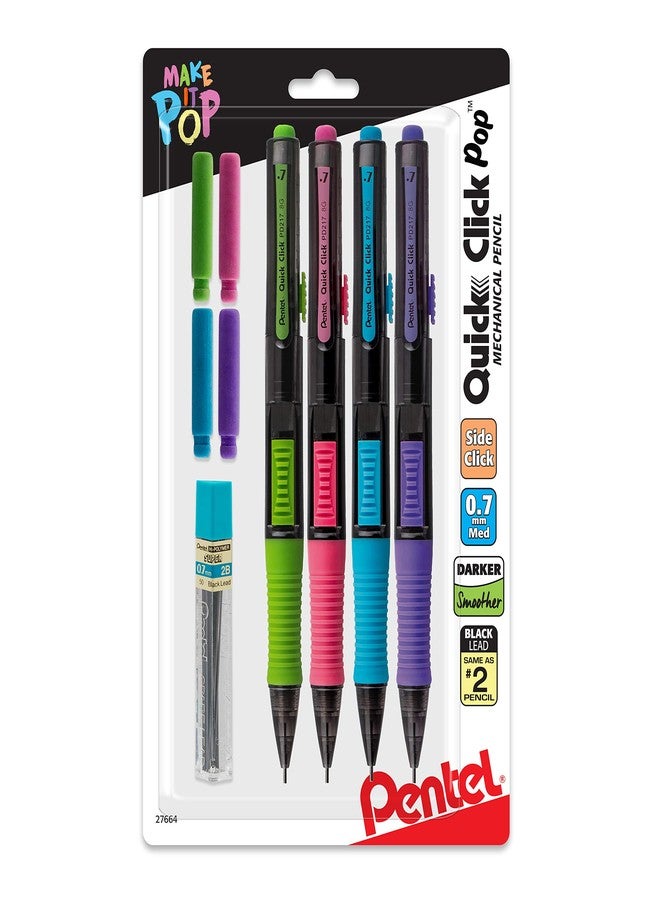 بنتل قلم رصاص ميكانيكي Pentel Quick Click Pop، (0.7 مم)، متوسط، 2 عبوة إعادة تعبئة للممحاة، عبوة من 4 قطع (PD217ALEBP4) - Image 1
